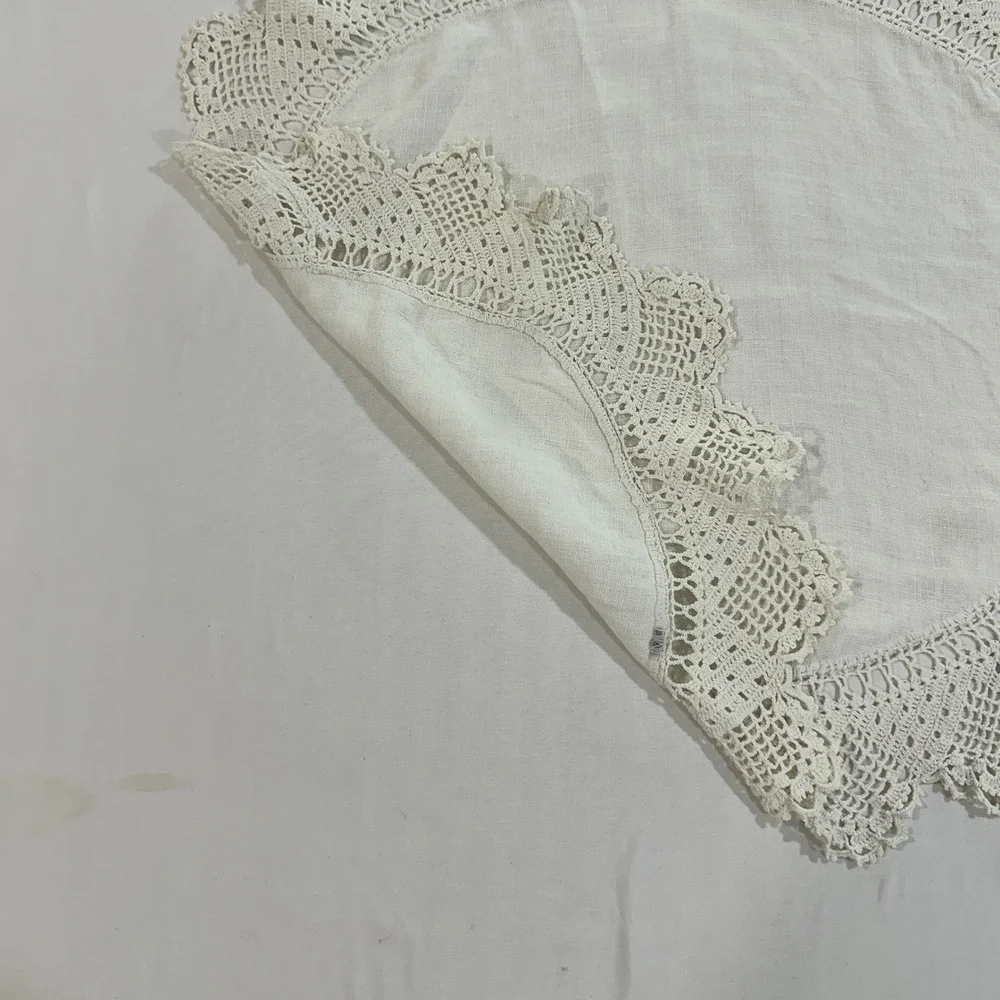 Vintage Round White Linen Doily Crochet Lace Trim Table Topper Scalloped 21 inch